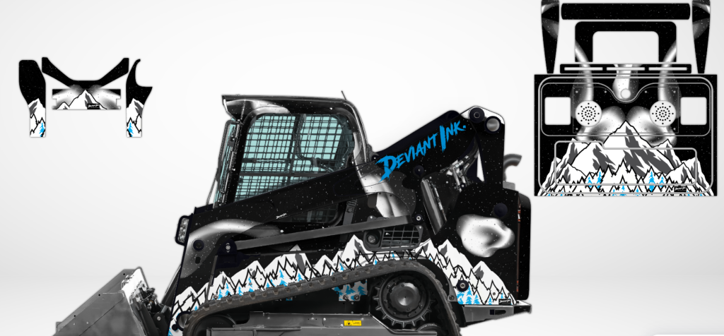 CAT skid steer wrapped in black and white Muskoka mountain design with starry sky by Deviant Ink